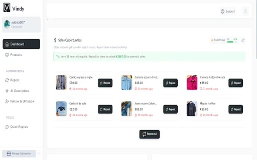 Vindy: Optimiza tus ventas en Vinted – Potenciador de anuncios - Screenshot 1